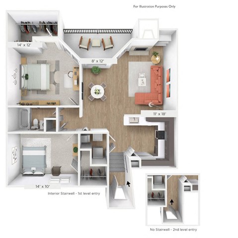 2 bedroom 1 bathroom Floor plan B at Sundance Apartments, Indiana